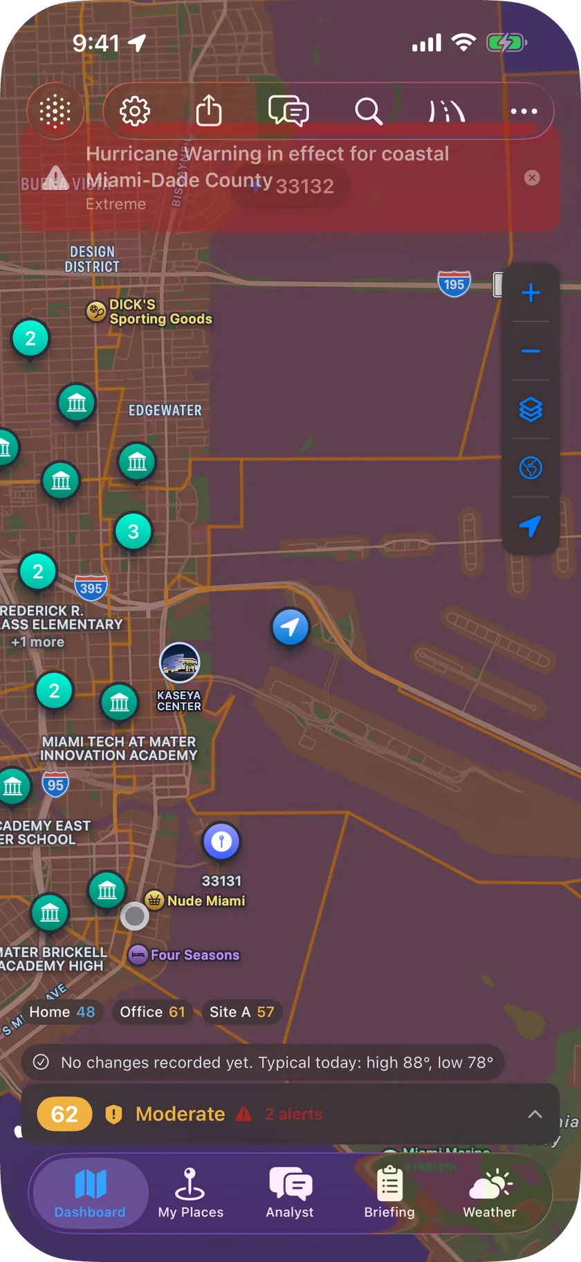 Dayabout dashboard: a map of Houston with ZIP areas shaded by risk and a floating card showing the composite score for the current location