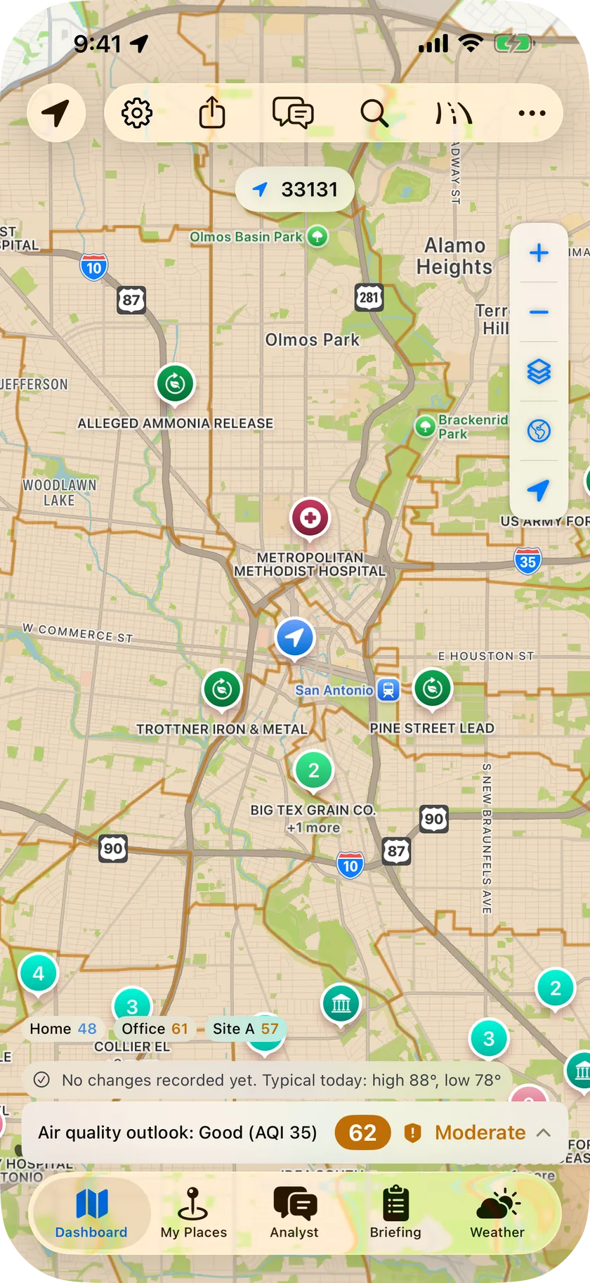 Dayabout dashboard: a map of Houston with ZIP areas shaded by risk and a floating card showing the composite score for the current location