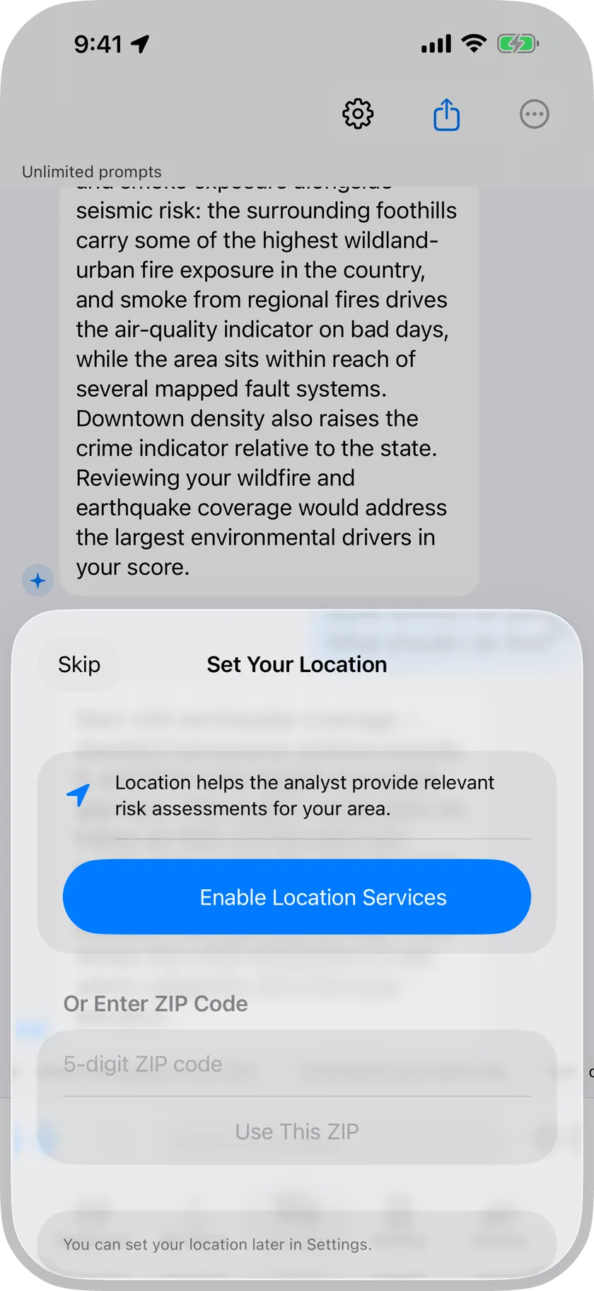 Analyst chat screen: a question about local risk answered in plain language by the on-device assistant, with a note that processing stays on the phone