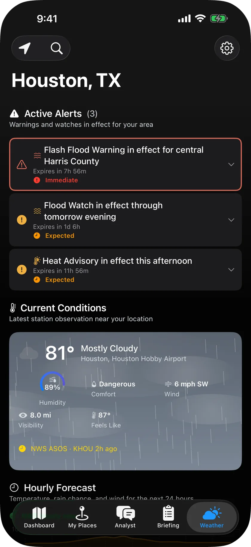 Weather tab with an active National Weather Service alert card, current conditions, air quality index and hourly forecast