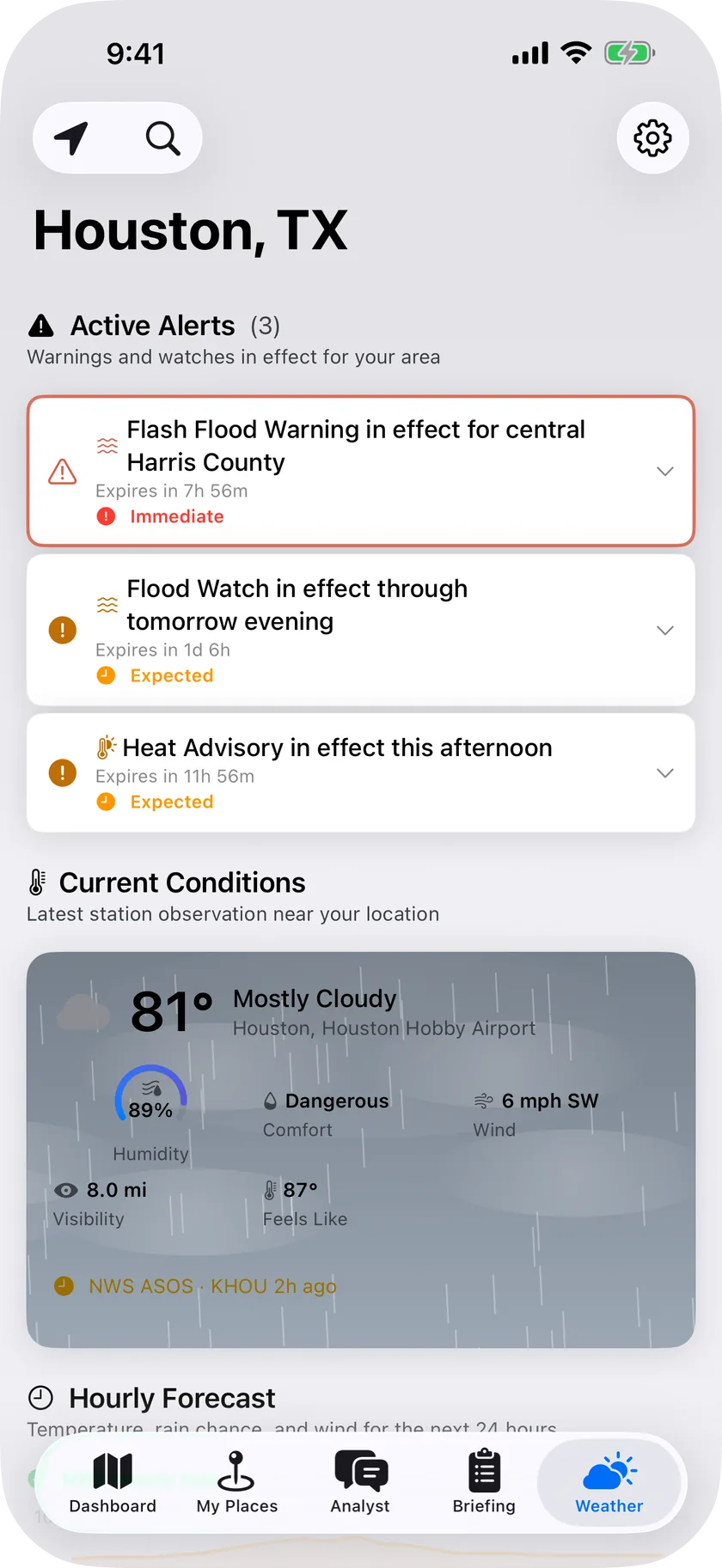 Weather tab with an active National Weather Service alert card, current conditions, air quality index and hourly forecast