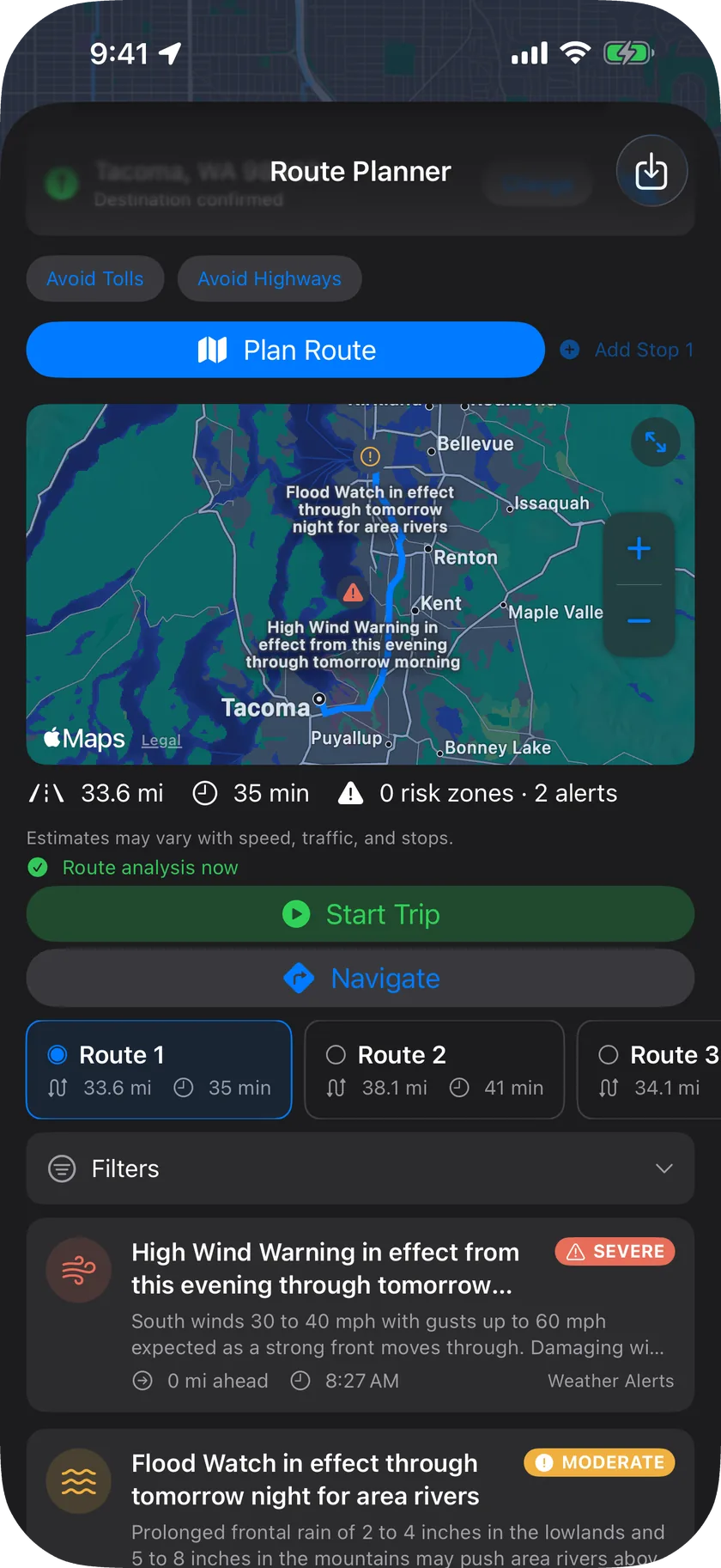 Route planner comparing two driving routes on a map, each labelled with its worst-segment risk and the alerts along the corridor