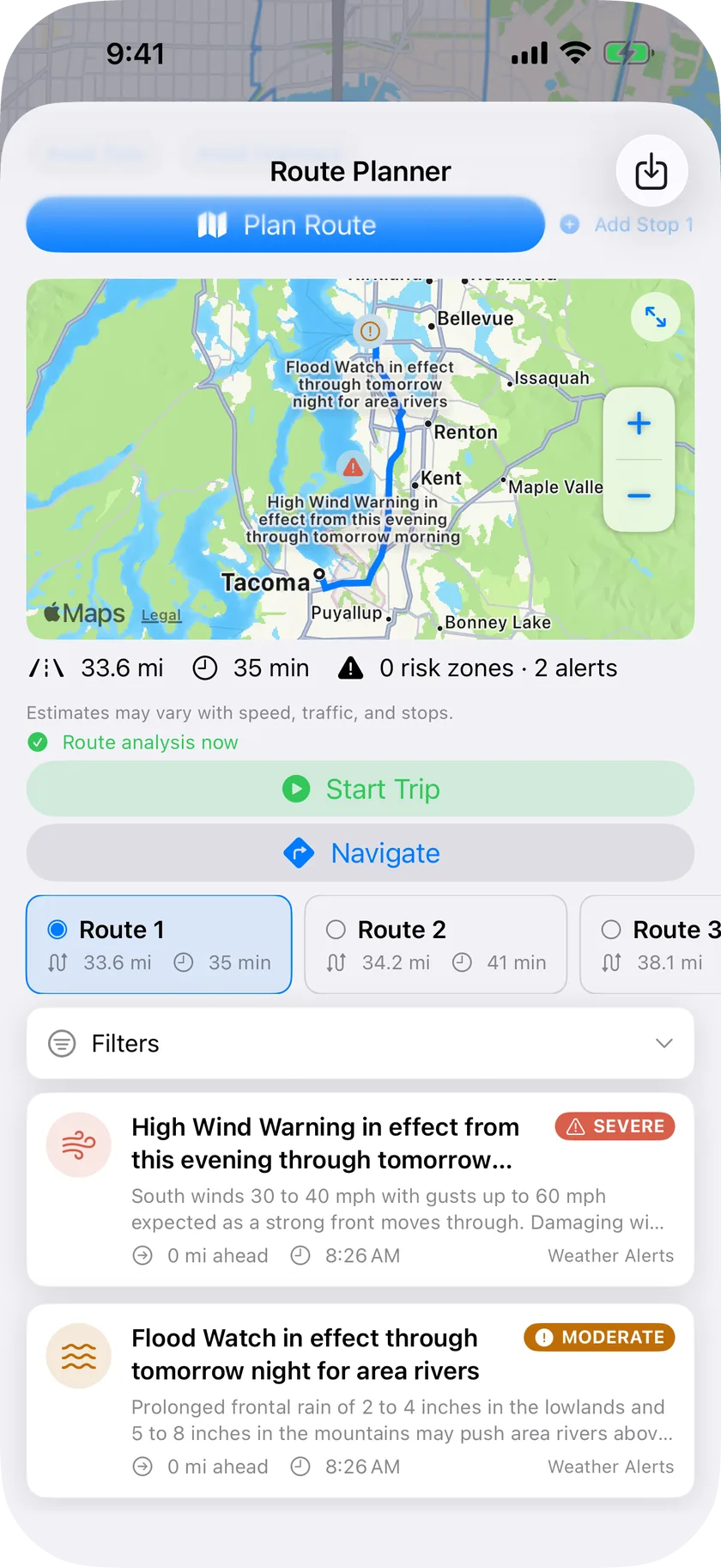 Route planner comparing two driving routes on a map, each labelled with its worst-segment risk and the alerts along the corridor