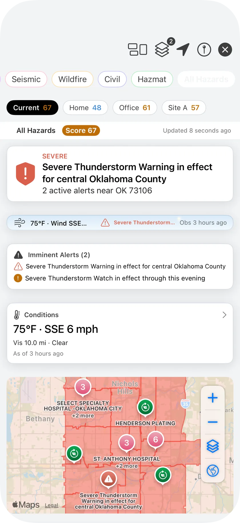 Command view: a dark full-screen board with a live hazard map, active alert cards, weather and air quality tiles and a status band with the score