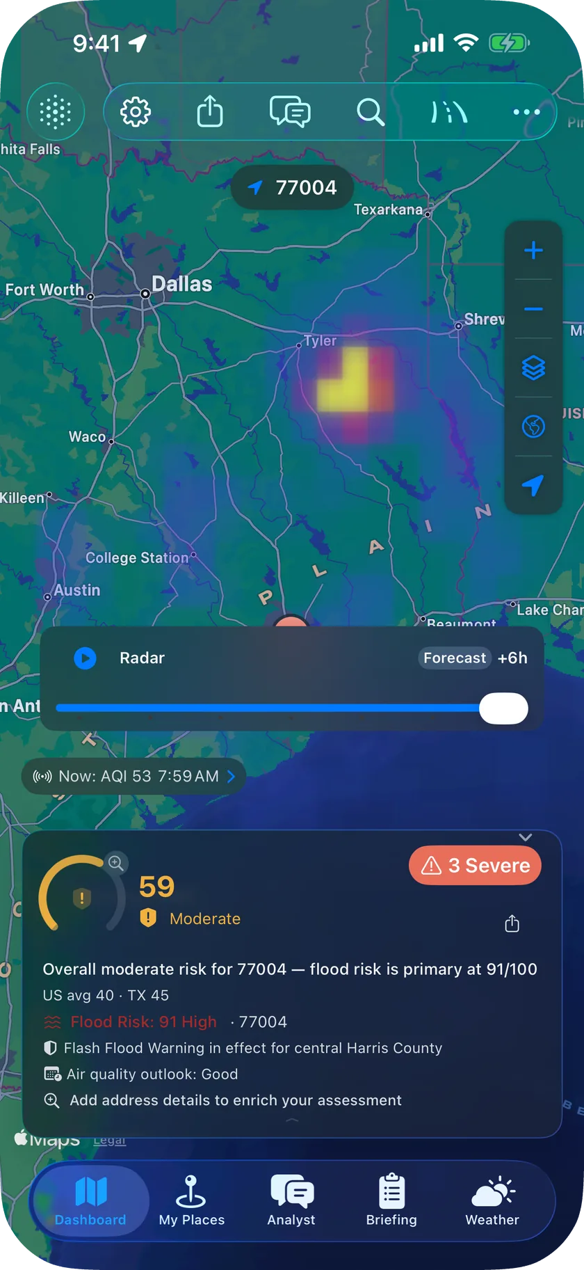 Dashboard map with the live precipitation radar layer over Houston and the timeline card scrubbed into the forecast hours