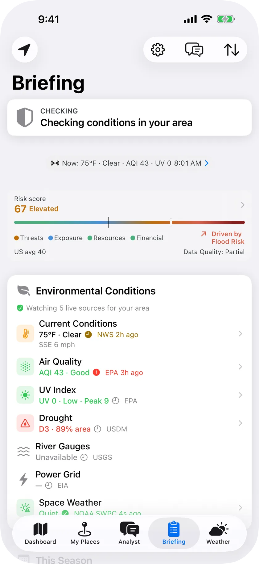 Briefing tab with the situation banner, today's outlook card, live environmental conditions and the comparative context section