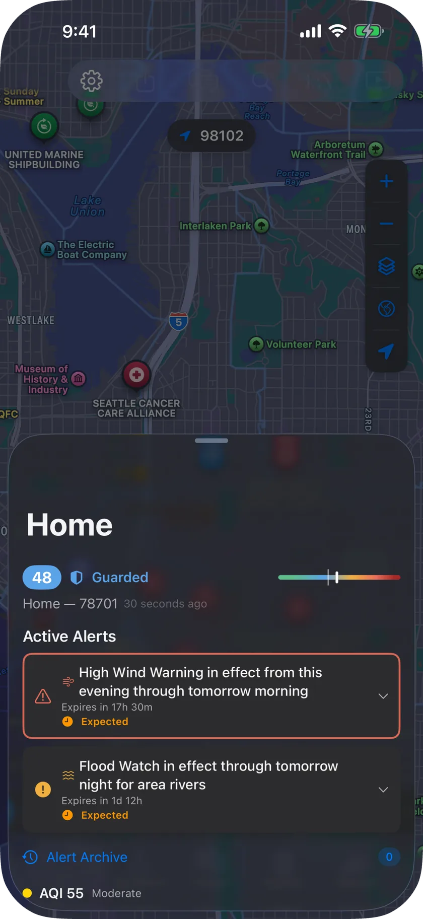 Monitored places list: home, work and family locations side by side, each with its risk score, trend and nearest hospital