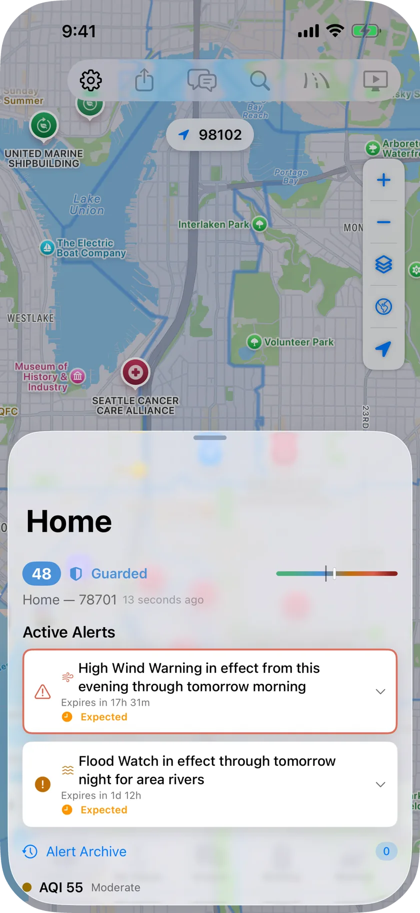 Monitored places list: home, work and family locations side by side, each with its risk score, trend and nearest hospital