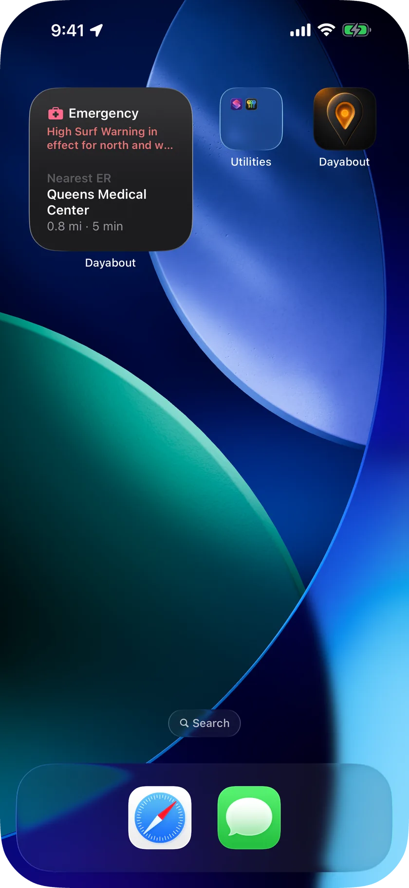iPhone home screen with the large Dayabout Emergency widget listing verified emergency departments with distance and drive time, each with call and route buttons, and an open shelter