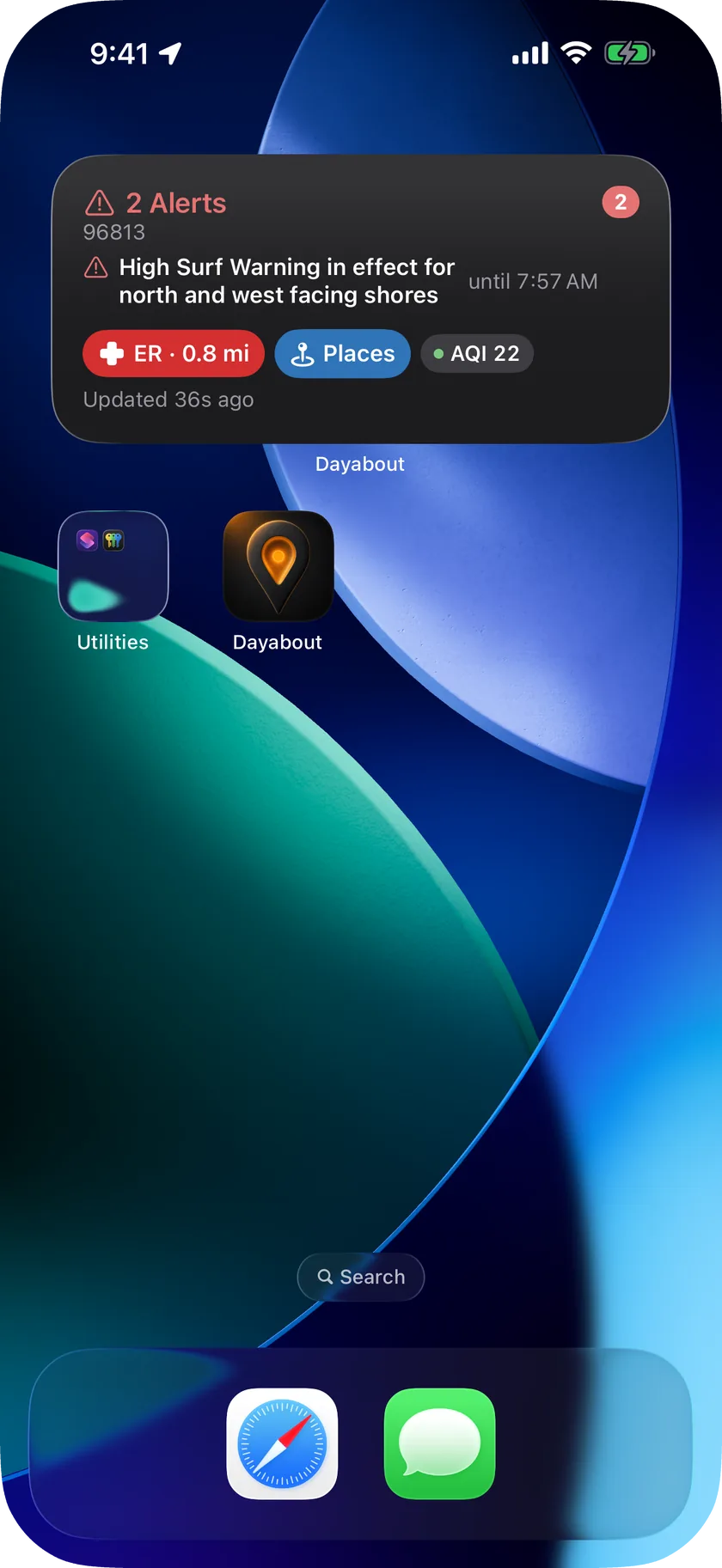 iPhone home screen with the Dayabout Daily Outlook widget showing the day's verdict, forecast row and alert count beside the Emergency widget