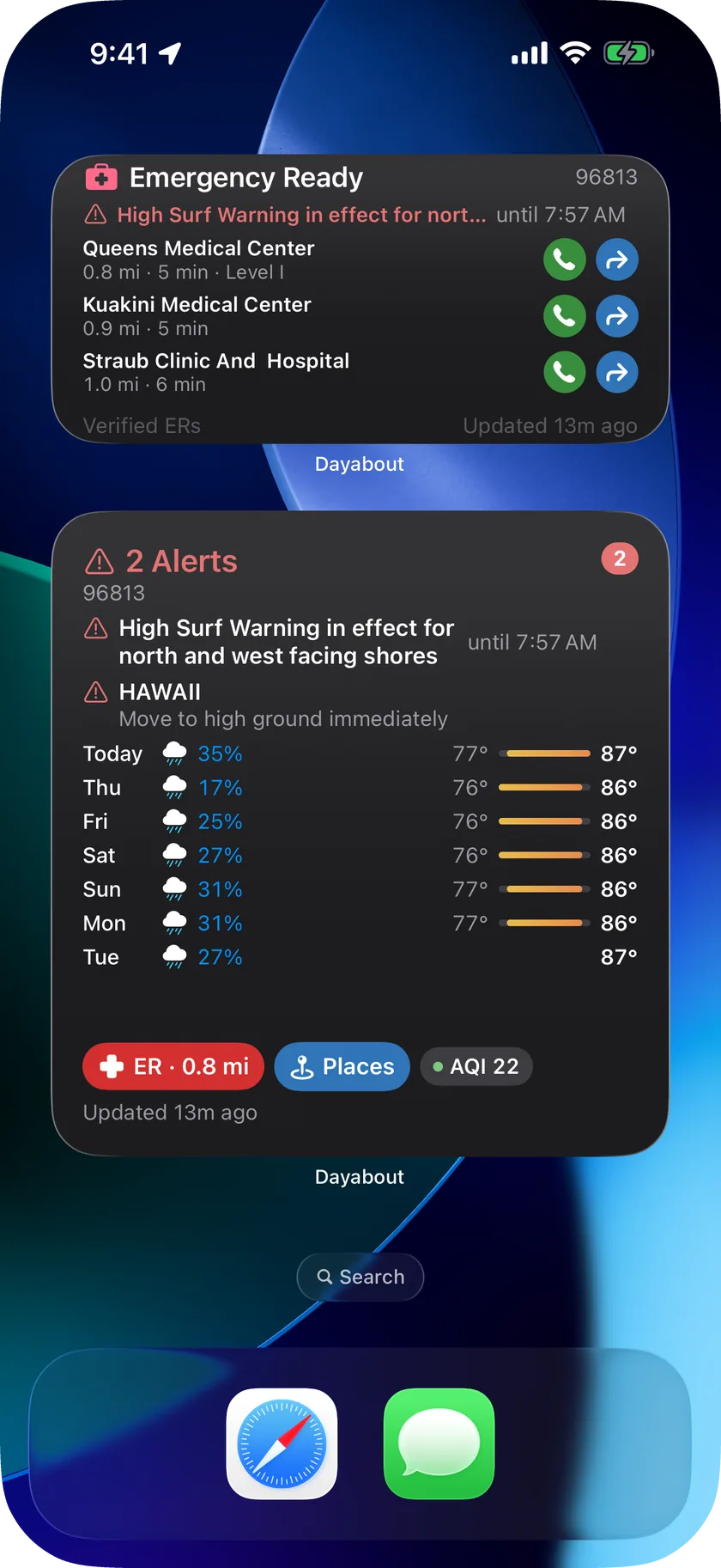 iPhone home screen with the large Dayabout Daily Outlook widget above the medium Emergency widget: today's verdict and forecast, then the nearest verified emergency departments with call and route buttons