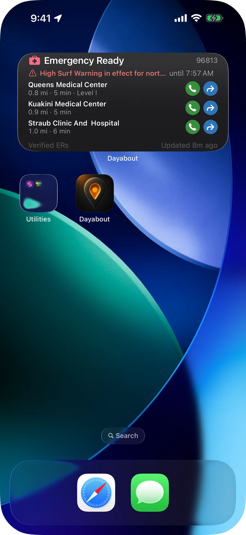 iPhone home screen with the medium Dayabout Emergency widget: the nearest verified emergency departments with distance, each with a call button and a route button