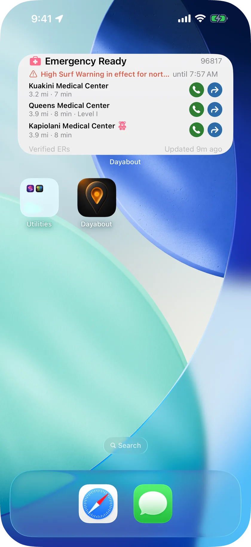 iPhone home screen with the medium Dayabout Emergency widget: the nearest verified emergency departments with distance, each with a call button and a route button